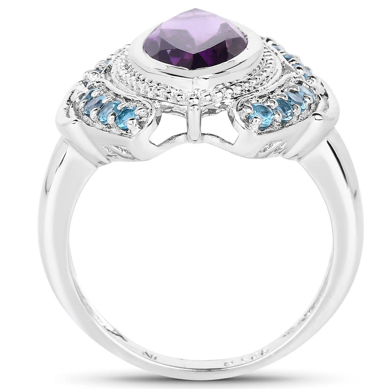 Bids.com 3.06 Carat Genuine Amethyst and London Blue Topaz .925 Sterling Silver Ring Rings