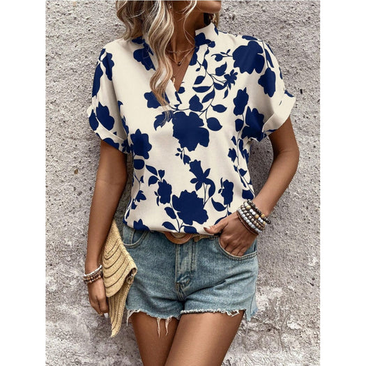 Flower Notched Short Sleeve Blouse