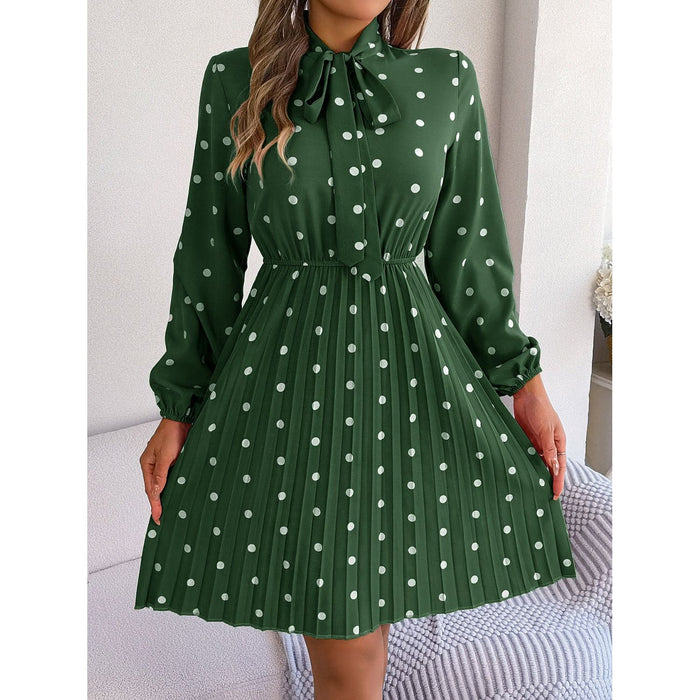 Polka Dot Tie Neck Pleated Dress