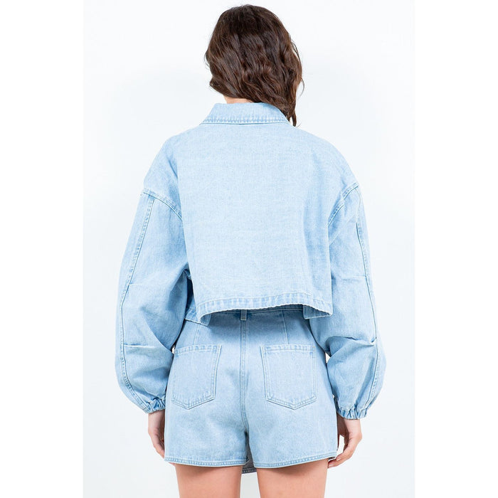 American Bazi Drawstring Waist Crop Denim Jacket