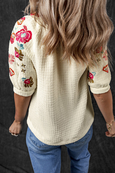 Floral Embroidered Puff Sleeve Blouse