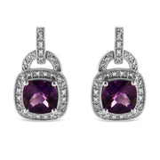 Bids.com .925 Sterling Silver 8MM Natural Cushion Shaped Amethyst and Diamond Accent Halo with Push Back Dangle Earrings (I-J Color, I2-I3 Clarity) Earrings