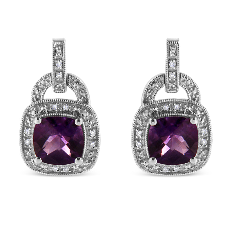 Bids.com .925 Sterling Silver 8MM Natural Cushion Shaped Amethyst and Diamond Accent Halo with Push Back Dangle Earrings (I-J Color, I2-I3 Clarity) Earrings