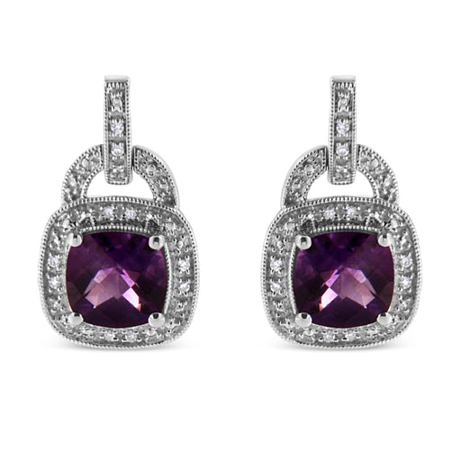 Bids.com .925 Sterling Silver 8MM Natural Cushion Shaped Amethyst and Diamond Accent Halo with Push Back Dangle Earrings (I-J Color, I2-I3 Clarity) Earrings