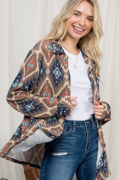 PLUS FUZZY AZTEC BUTTON DOWN SHACKET