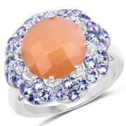 Bids.com 7.20 Carat Genuine Peach Moonstone and Tanzanite .925 Sterling Silver Ring Rings