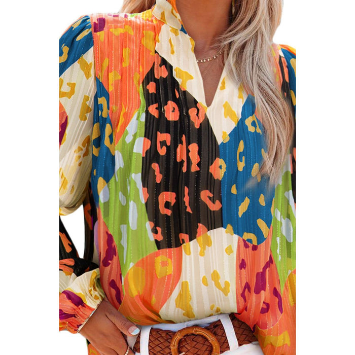 Printed Notched Long Sleeve Blouse