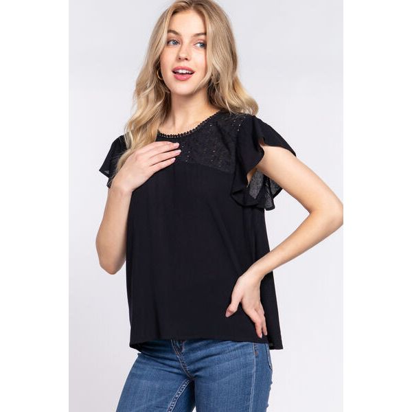 ACTIVE BASIC Ruffle Short Sleeve Crochet Blouse