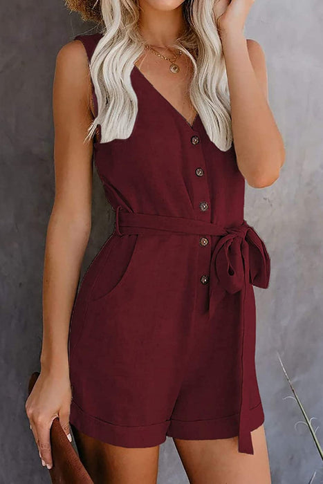 Tied V-Neck Sleeveless Romper with Pockets