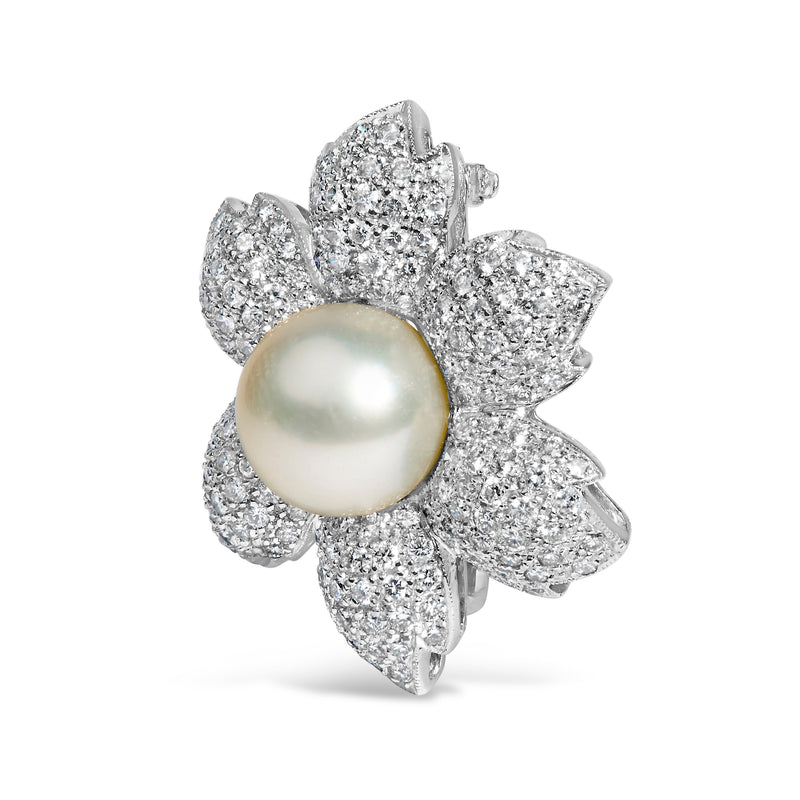 Bids.com 18K White Gold 2 3/4 Cttw Diamond and 12.5 MM Cultured Freshwater Pearl Floral Brooch Pin (G-H Color, VS1-VS2 Clarity) Accessories
