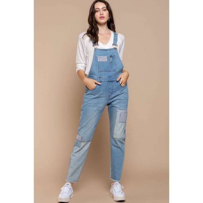 POL Front Chest Zipper Slim Leg Denim Overalls