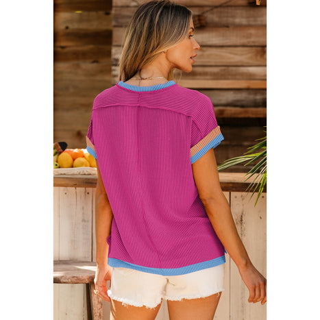 Color Block Round Neck Cap Sleeve T-Shirt