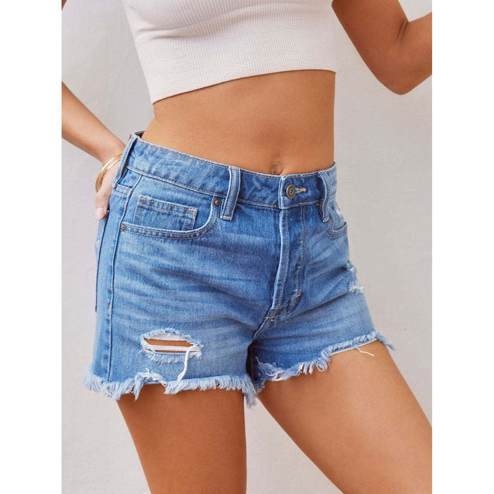 Distressed Raw Hem Denim Shorts