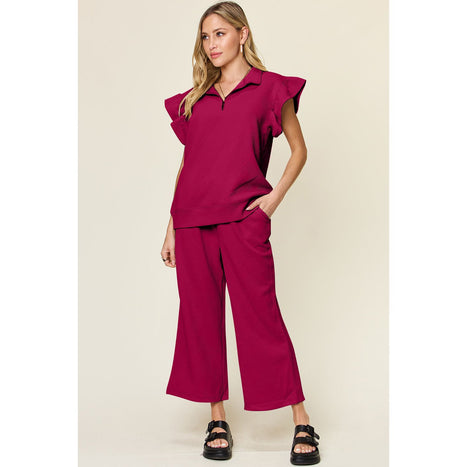 Texture Ruffle Short Sleeve Top and Drawstring Wide Leg Pants Set