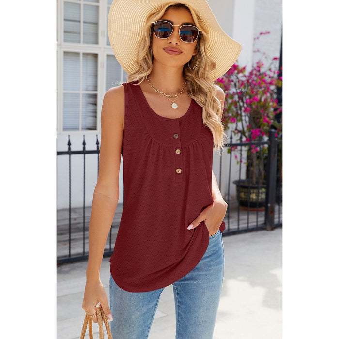 Eyelet Buttoned Round Neck Tank