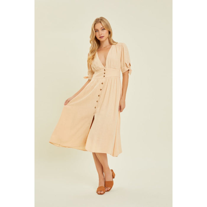 HEYSON Textured Linen V-Neck Button-Down Midi Dress