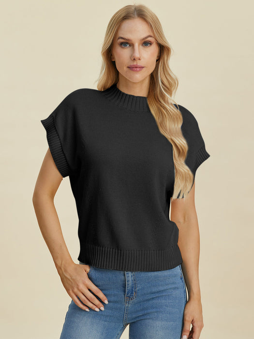 Full Size Mock Neck Short Sleeve Sweater