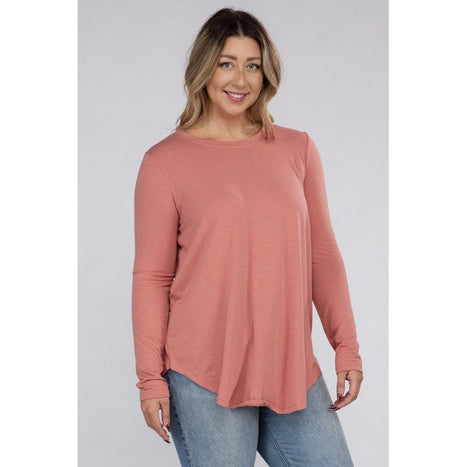 Plus Long Sleeve Round Neck Round Hem Top