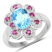 Bids.com 2.28 Carat Genuine Swiss Blue Topaz and Ruby .925 Sterling Silver Ring Rings
