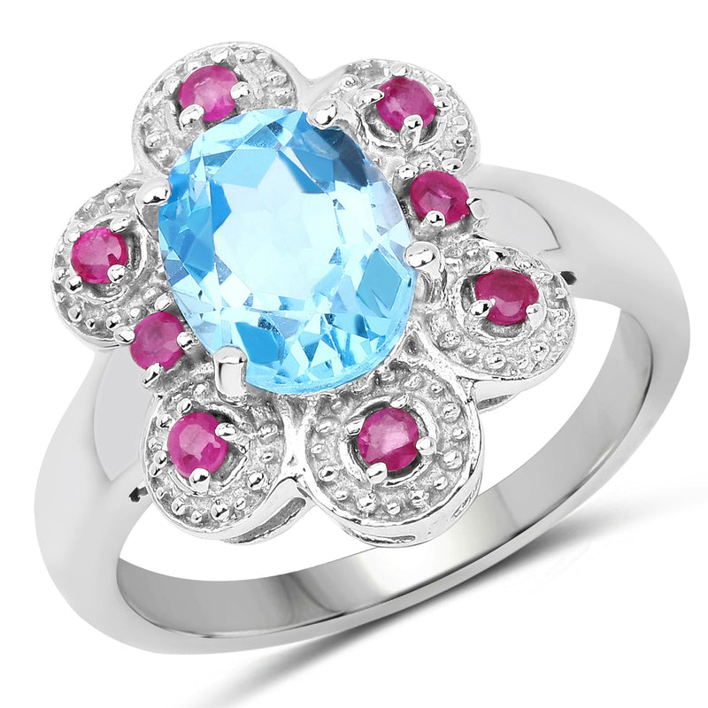 Bids.com 2.28 Carat Genuine Swiss Blue Topaz and Ruby .925 Sterling Silver Ring Rings