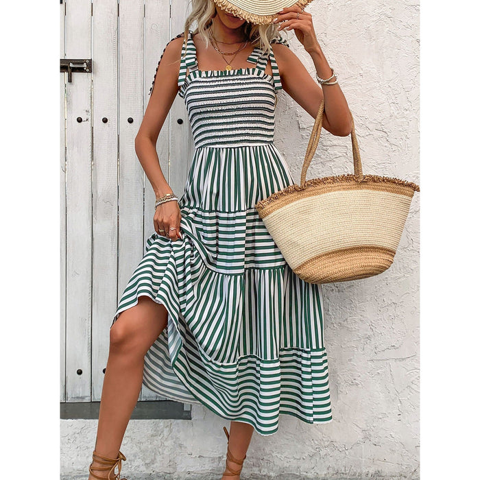 Smocked Striped Square Neck Midi Dress