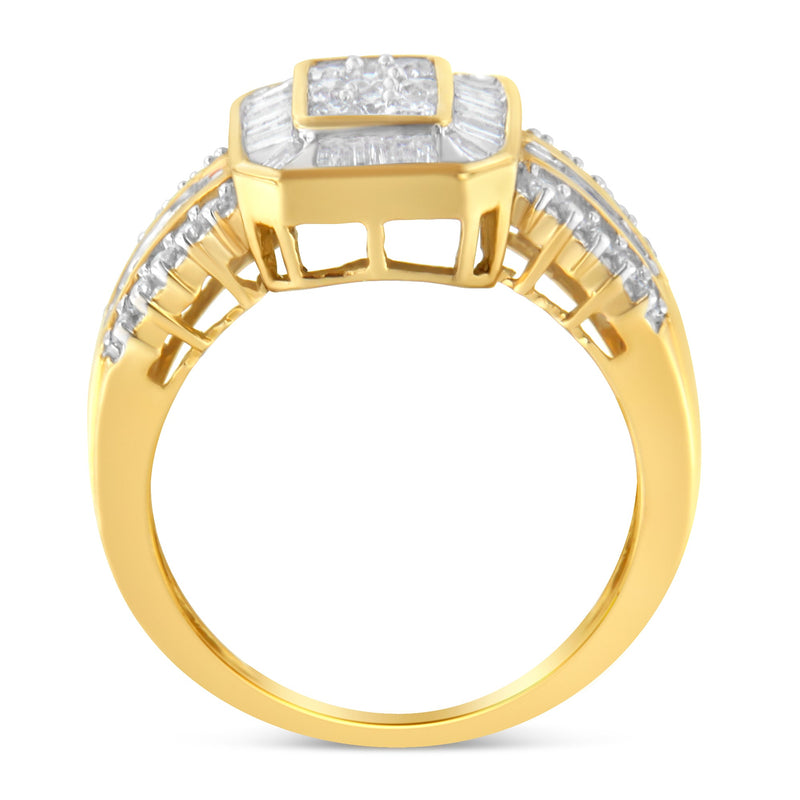 Bids.com 10K Yellow Gold Round and Baguette-Cut Diamond Cocktail Ring (1.0 Cttw, H-I Color, SI2-I1 Clarity) - Size 7 Rings