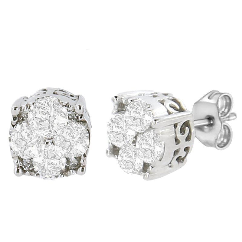 Bids.com .925 Sterling Silver 1/2 cttw Prong Set Round-Cut Diamond Cluster Stud Earring (I-J Color, I2-I3 Clarity) Earrings