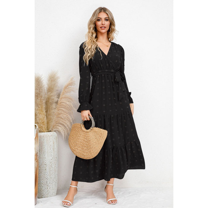 Swiss Dot Tied Surplice Flounce Sleeve Dress