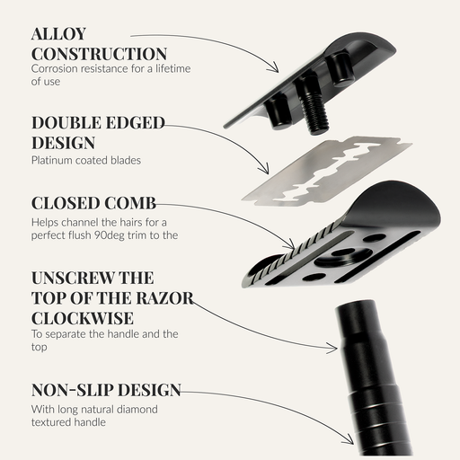 Lather & Wood Shaving Co Safety Razor - Baron Elite - Noir Black Men Grooming, Health