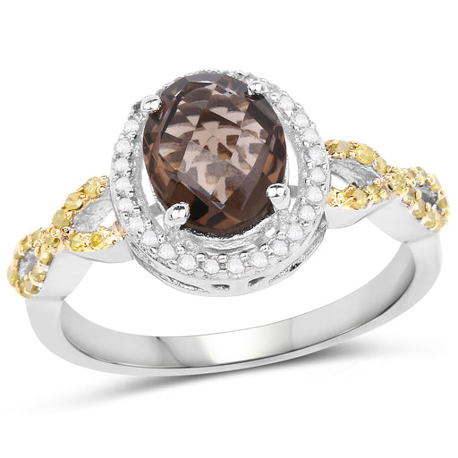 Bids.com 1.90 Carat Genuine Smoky Quartz, Yellow Diamond & White Diamond .925 Sterling Silver Ring Rings