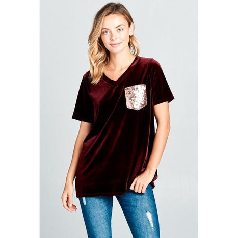 VELVET SEQUINCE POCKET BOXY TOP