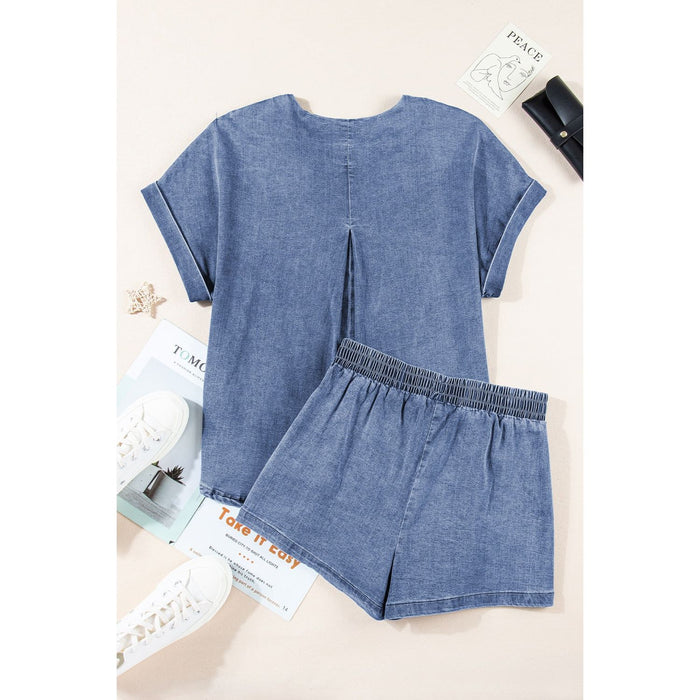 Round Neck Short Sleeve Top and Shorts Denim Set