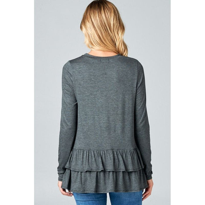 RUFFLE BOTTOM LONG SLEEVE ROUND NECK TUNIC TOP