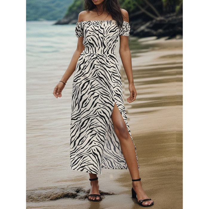 Slit Animal Print Off-Shoulder Midi Dress