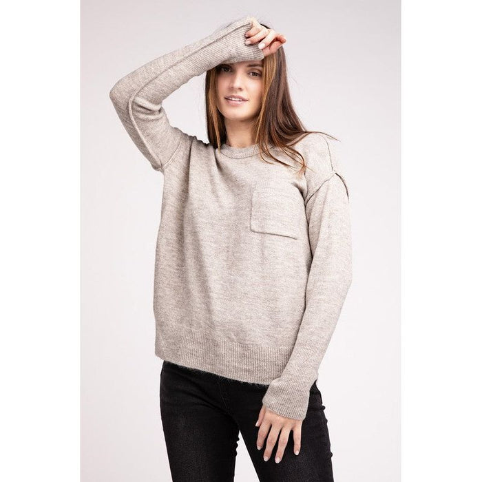 Melange Hi-Low Hem Round Neck Sweater