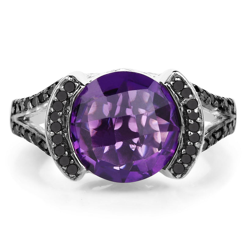 Bids.com 3.24 Carat Genuine Amethyst & Black Diamond .925 Sterling Silver Ring Rings