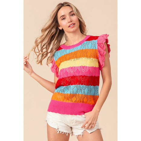 BiBi Pointelle Striped Ruffled Knit Top