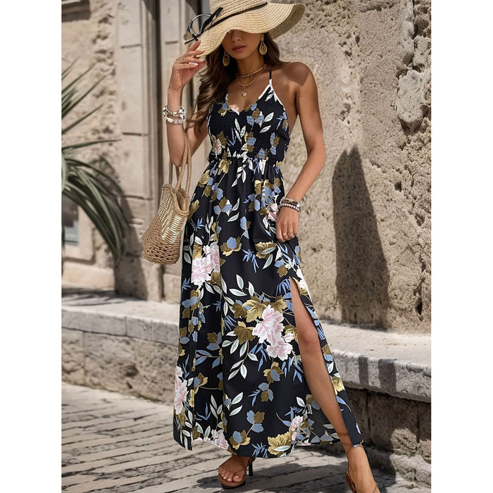 Slit Smocked Printed Maxi Cami Dress