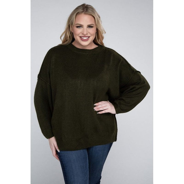 Plus Oversized Round Neck Raw Seam Melange Sweater