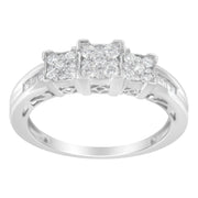 Bids.com 10K White Gold 1/2 Cttw Brilliant & Baguette Cut Diamond 3 Stone Design with 3 Square Clusters Engagement Ring (H-I Color, SI2-I1 Clarity) - Size 6-3/4 Rings
