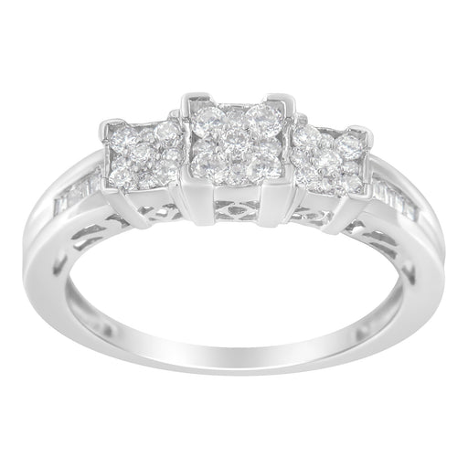 Bids.com 10K White Gold 1/2 Cttw Brilliant & Baguette Cut Diamond 3 Stone Design with 3 Square Clusters Engagement Ring (H-I Color, SI2-I1 Clarity) - Size 6-3/4 Rings