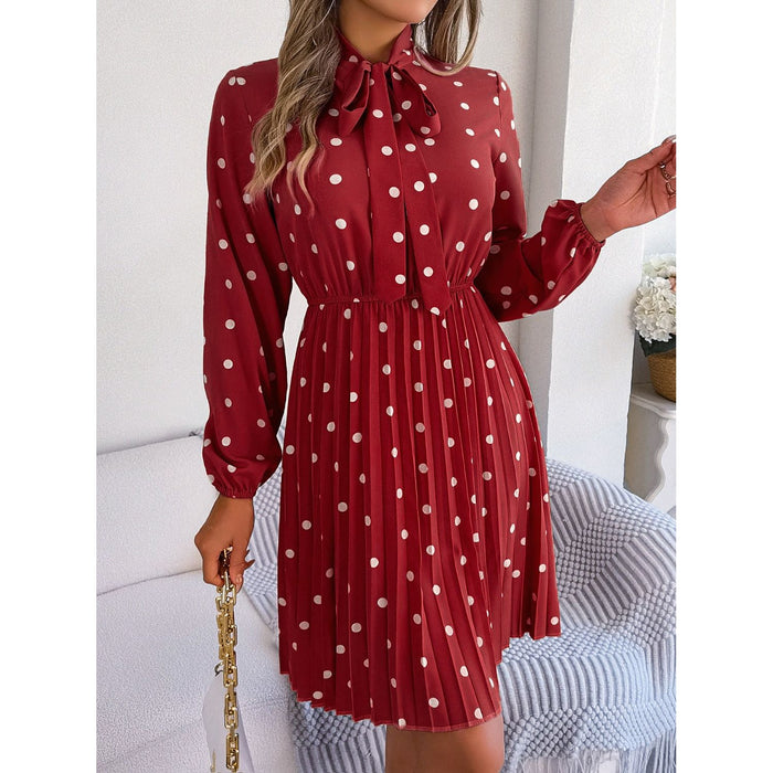 Polka Dot Tie Neck Pleated Dress