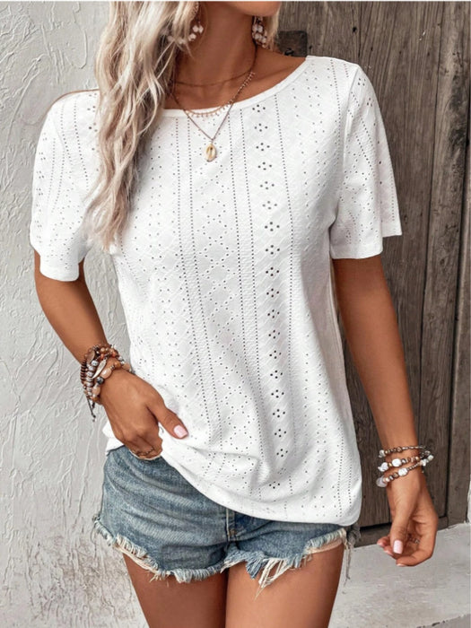 Lace Detail Eyelet Short Sleeve Blouse