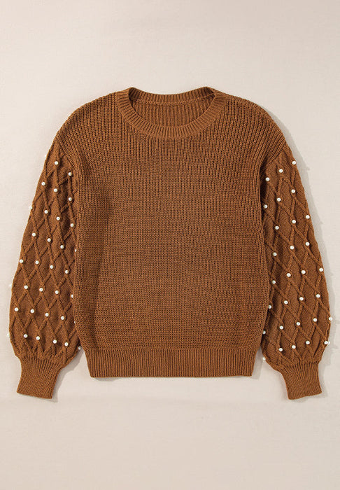 Pearl Detail Round Neck Long Sleeve Sweater