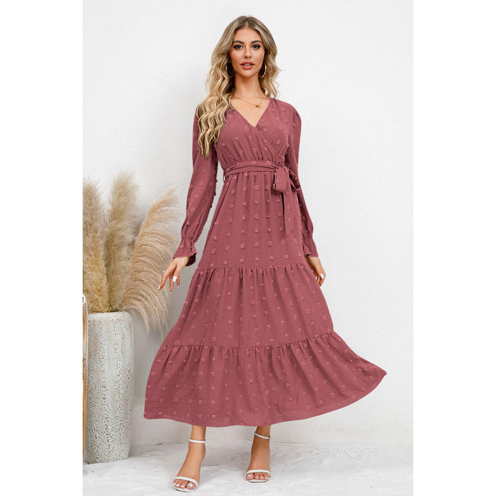 Swiss Dot Tied Surplice Flounce Sleeve Dress