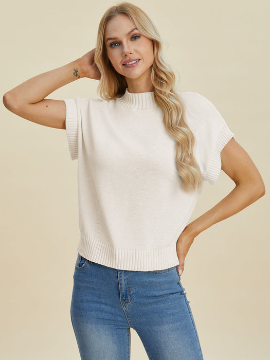 Full Size Mock Neck Short Sleeve Sweater