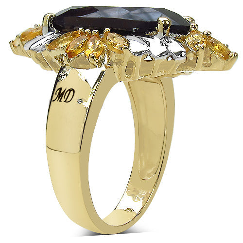 Bids.com 14K Yellow Gold Plated 7.07 Carat Genuine Smoky Quartz, Citrine & White Diamond .925 Sterling Silver Ring Rings
