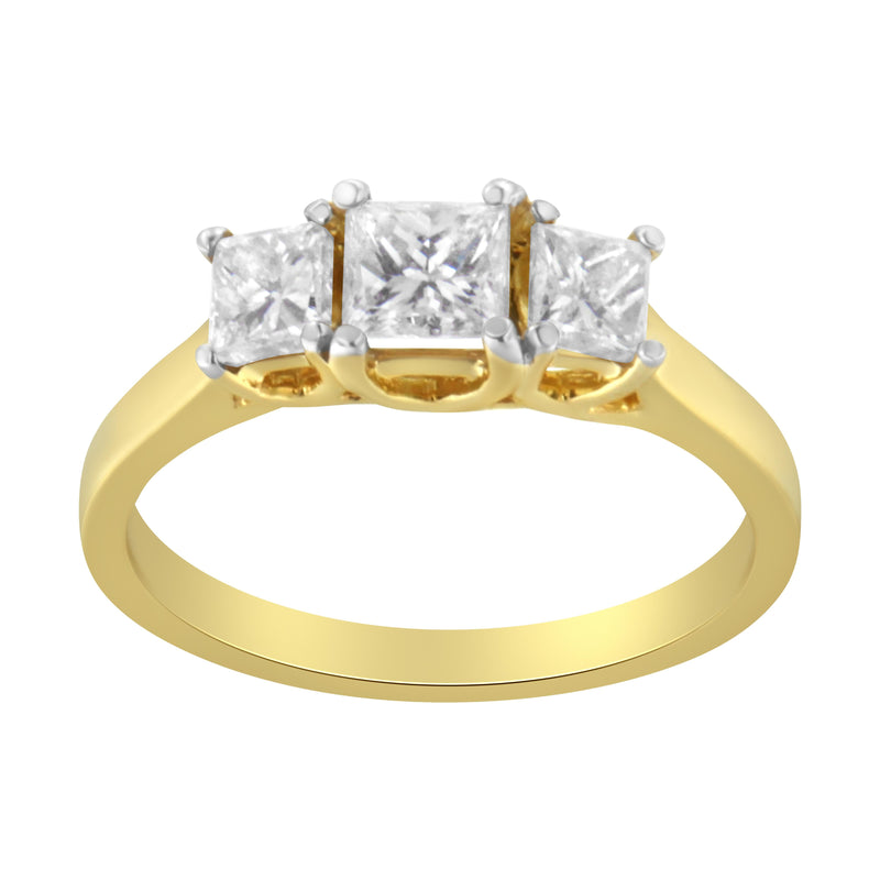 Bids.com 10K Yellow Gold Princess-Cut Diamond Three Stone Band Ring (1 Cttw, J-K Color, I1-I2 Clarity) - Size 6 Rings