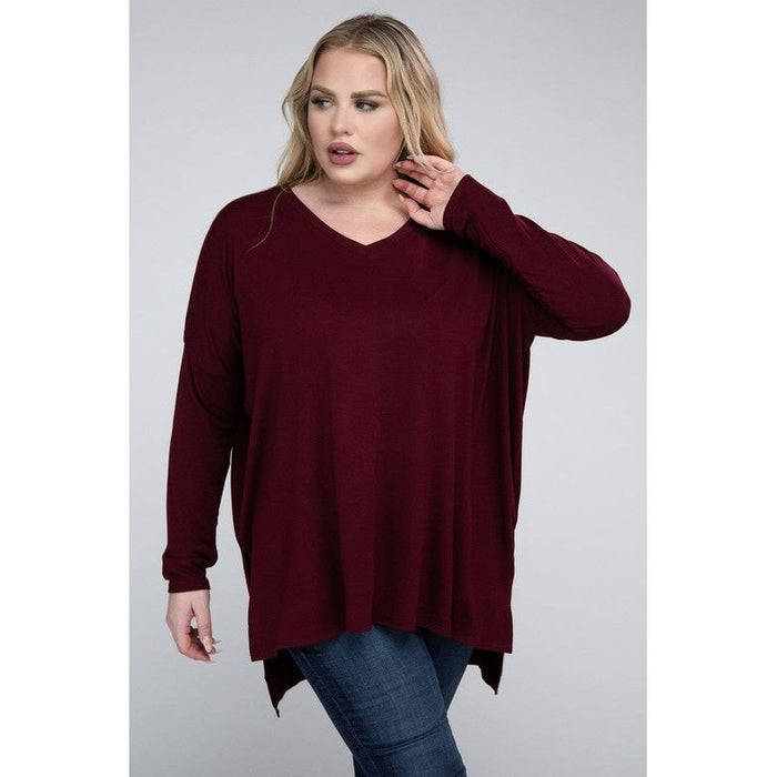 Plus Dolman Sleeve V-Neck Side Slit Hi-Low Hem Top