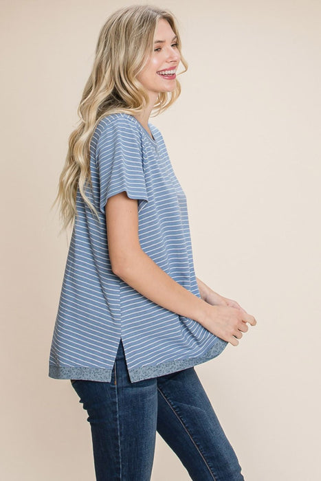 Striped Notched Short Sleeve T-Shirt